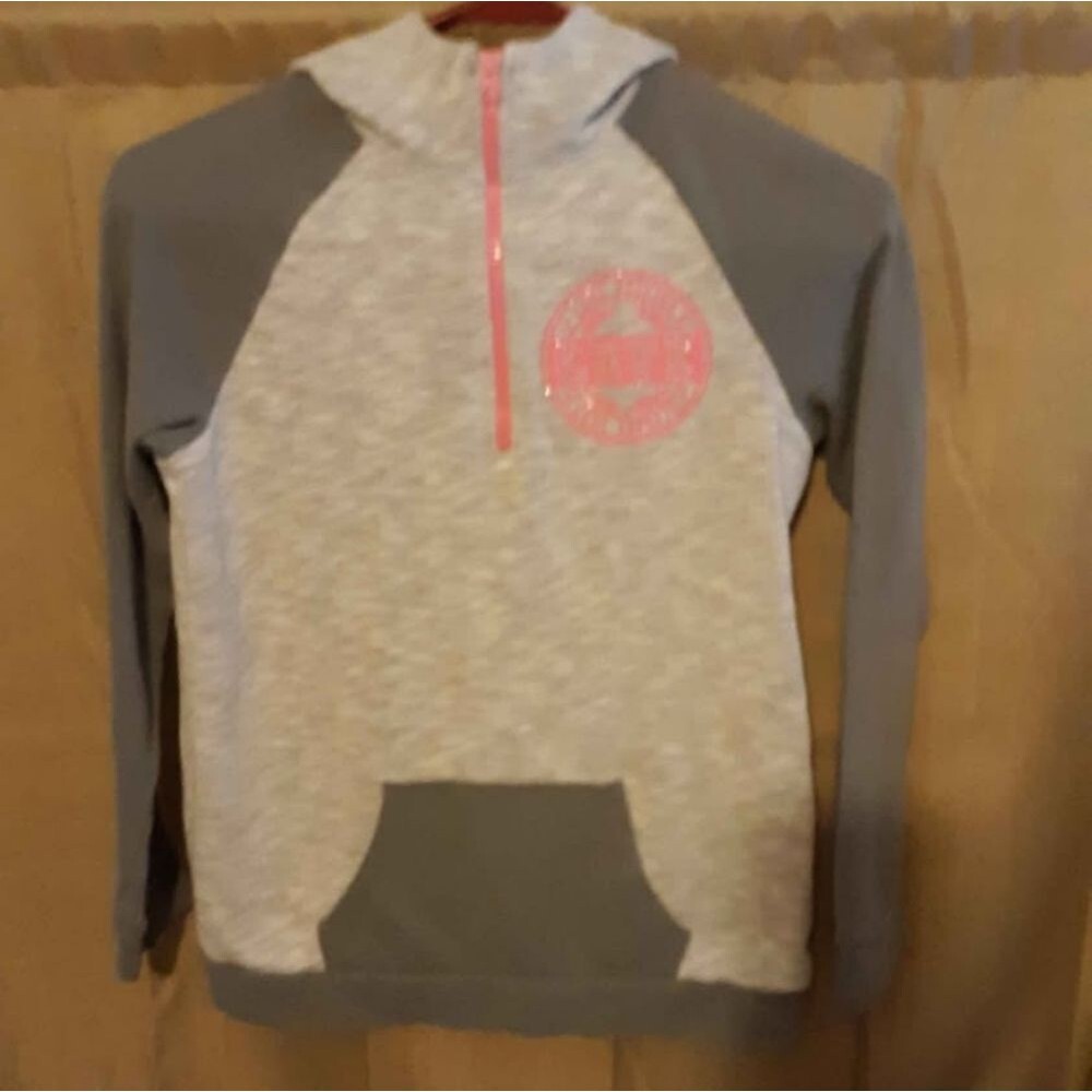 Danskin Now Pullover Hoodie Sweatshirt Grey Pink Sparkly Love Emblem L(10-12)